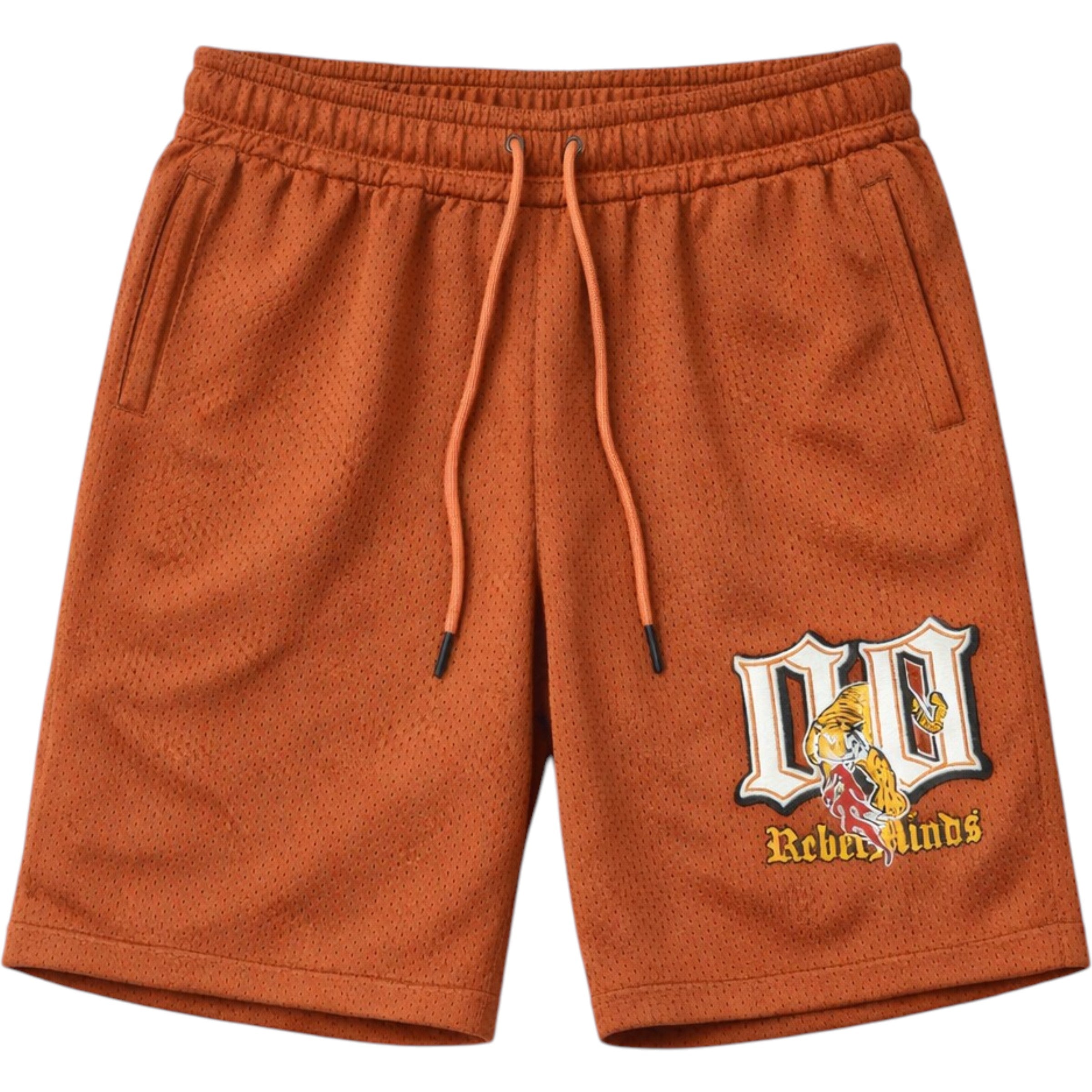 Orange shorts with a logo on a white background