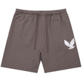 Brown shorts with a white eagle logo on a white background