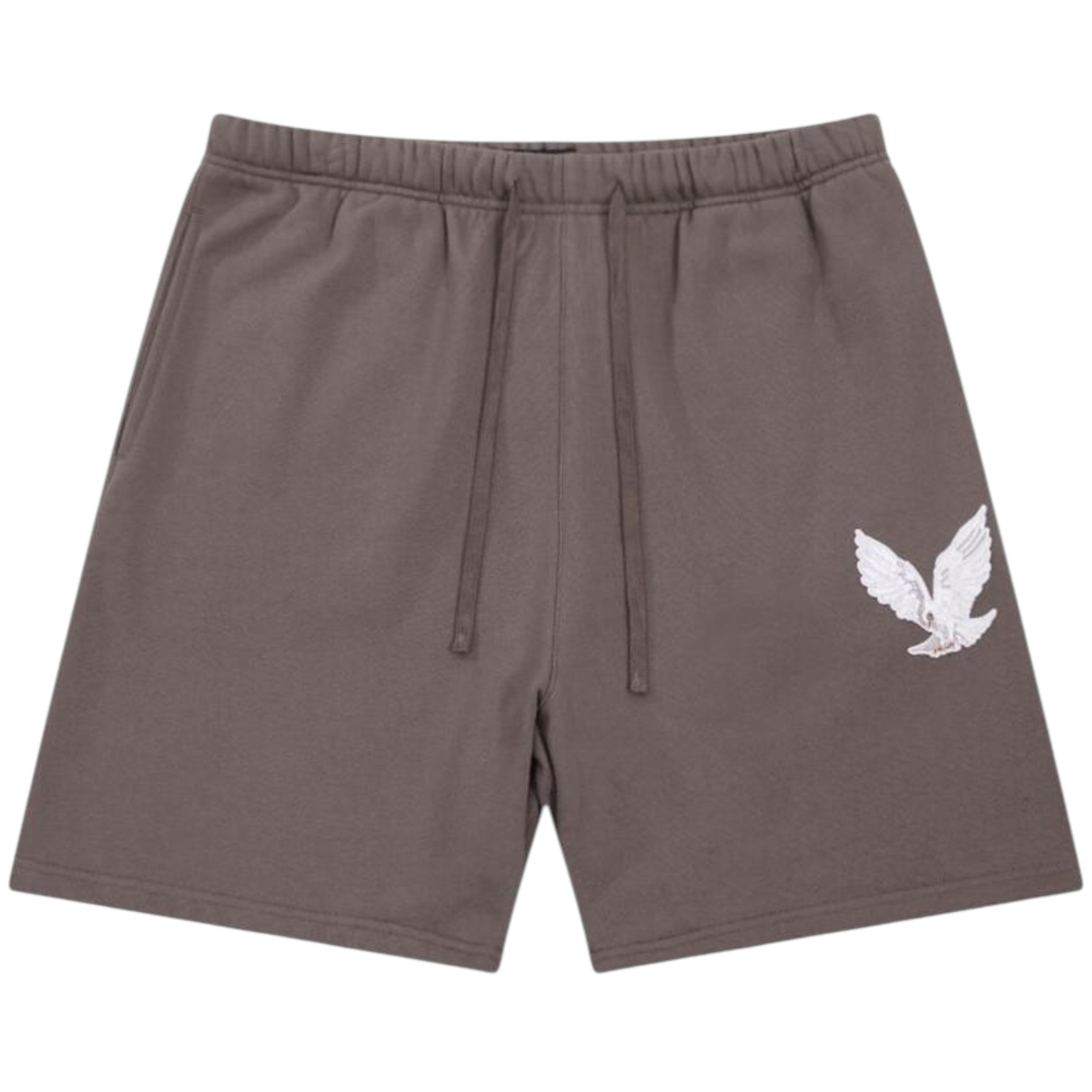 Brown shorts with a white eagle logo on a white background