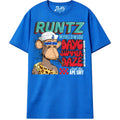 Blue t-shirt with a graphic of a monkey and text on a white background