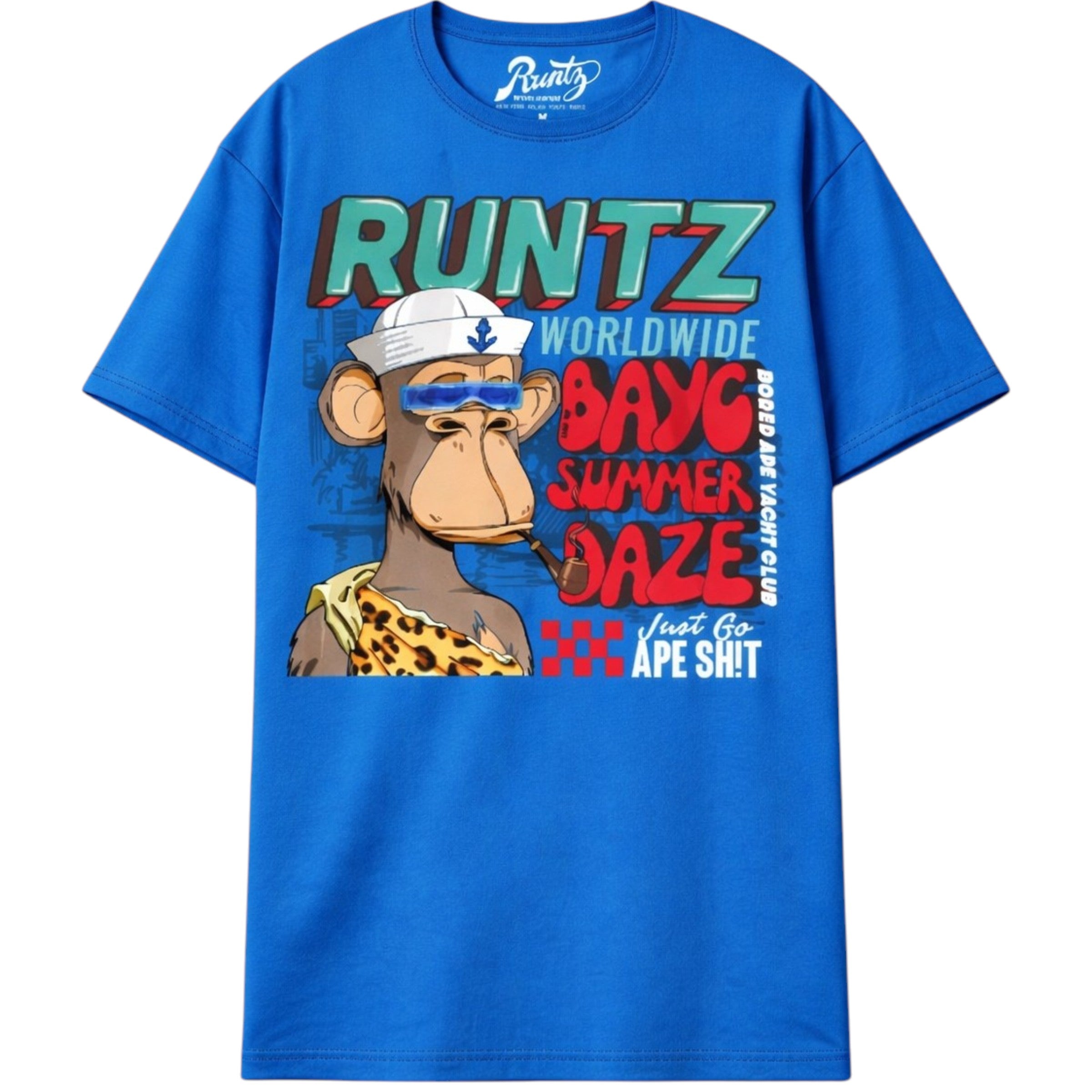 Blue t-shirt with a graphic of a monkey and text on a white background