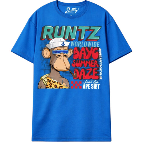 Blue t-shirt with a graphic of a monkey and text on a white background