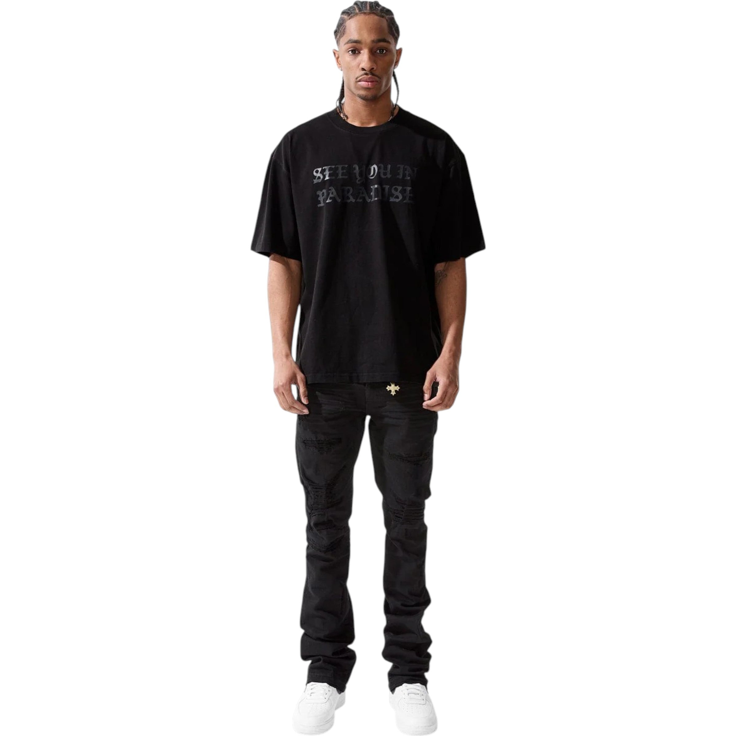 Person wearing a black t-shirt and pants on a white background SYIP 'York' Stacked Denim (Jet Black) JTF2117