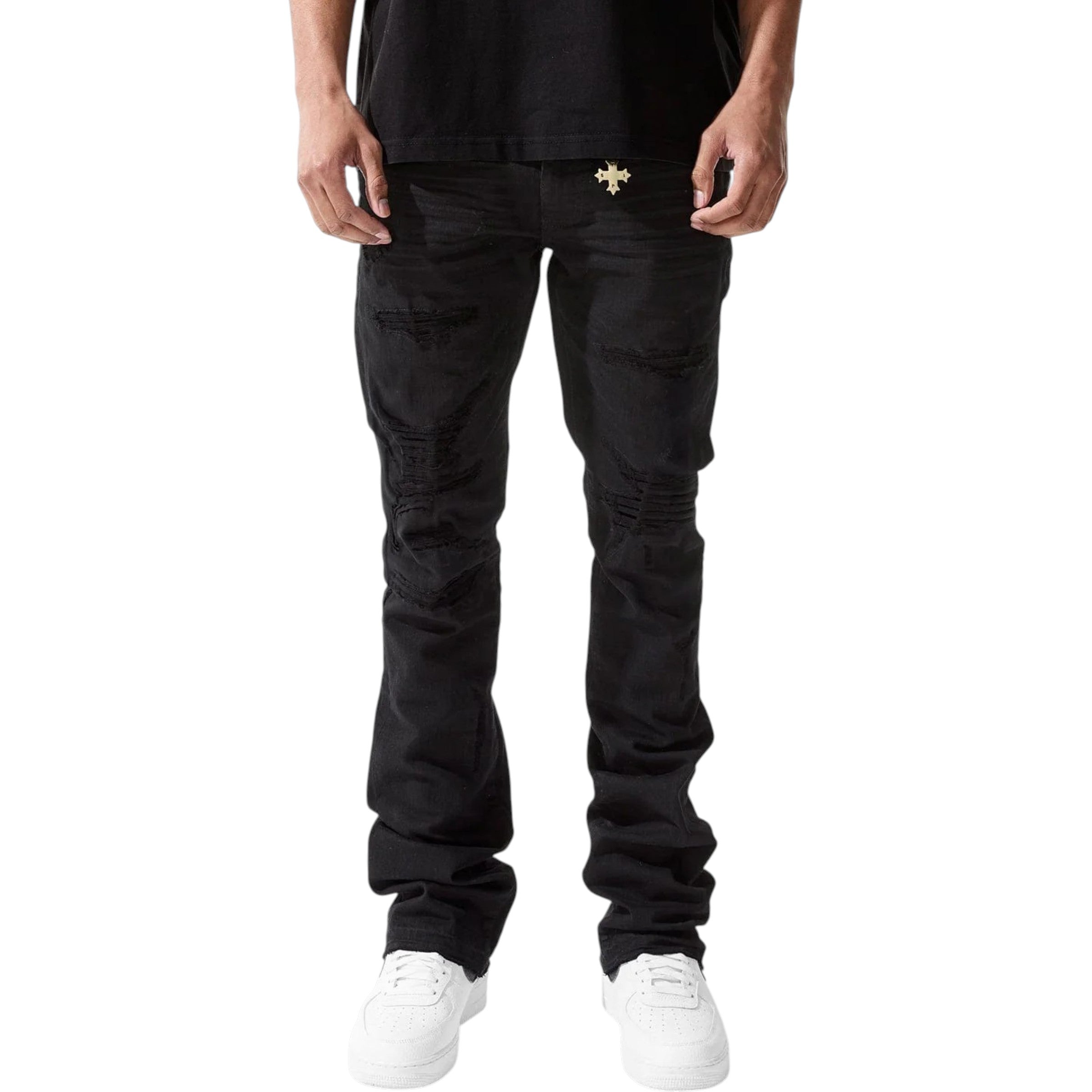Person wearing black pants with a brand logo on a white background