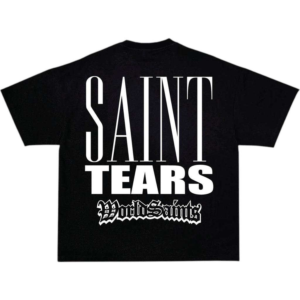 Black t-shirt with 'SAINT TEARS' text on a white background Saint Tears Tee In Black