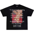 Black t-shirt with a printed design and text on a white background