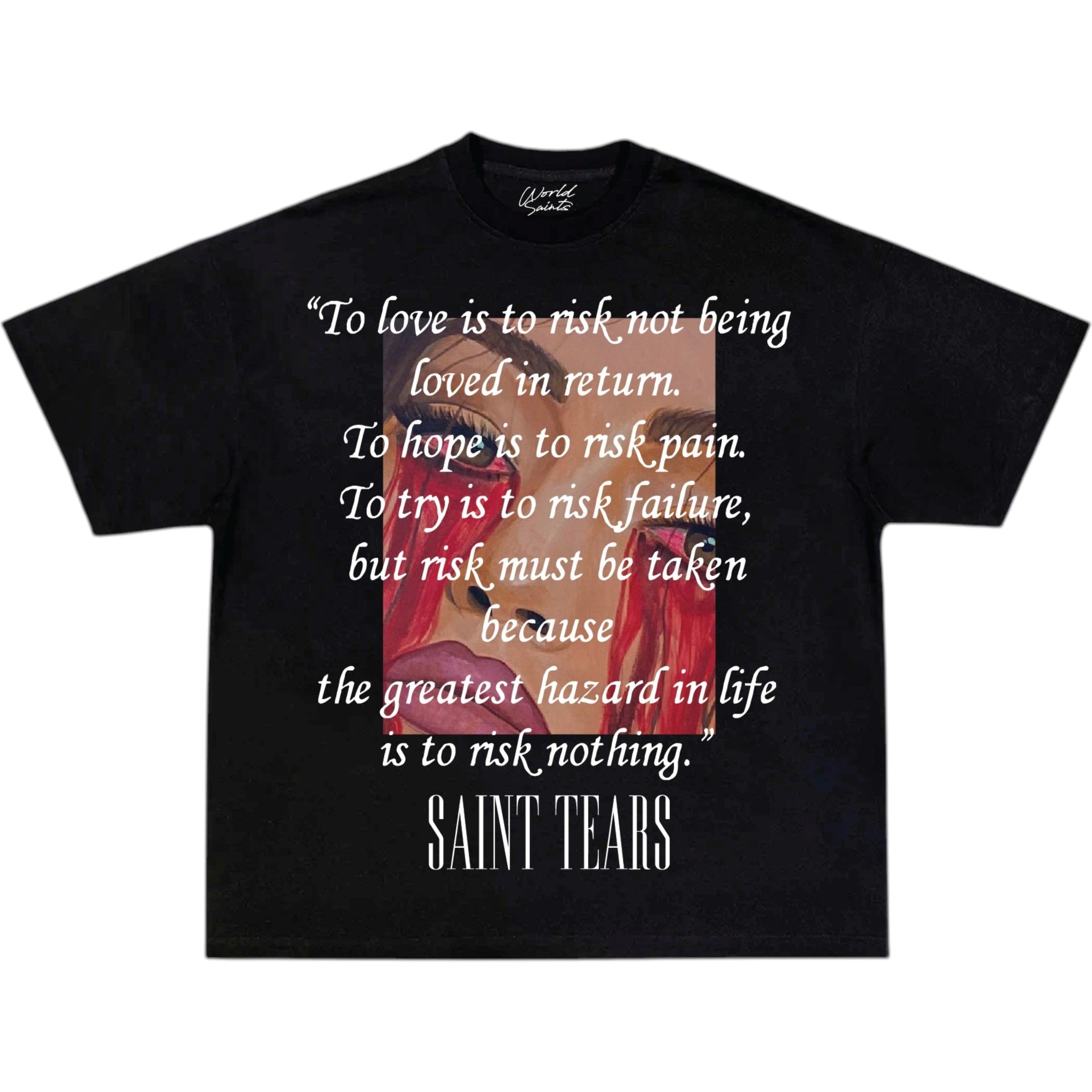 Black t-shirt with a printed design and text on a white background