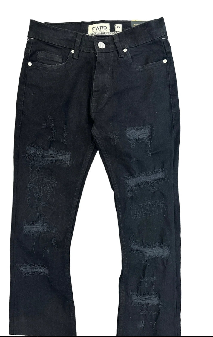 Men's Worn Down Stacked Flared Denim In Black