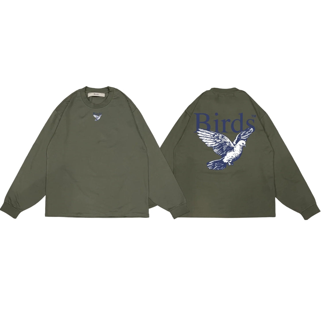 Premium Oversized Long Sleeve Dove Sketch T-Shirt in Olive