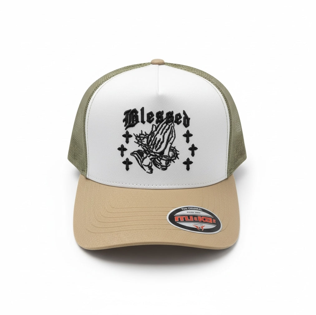 Men's Trucker Hat Blessed in White/Khaki