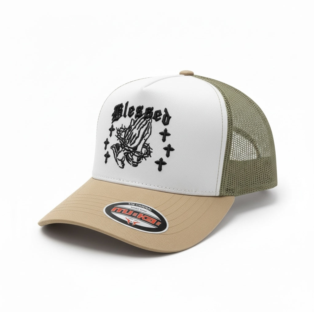 Men's Trucker Hat Blessed in White/Khaki