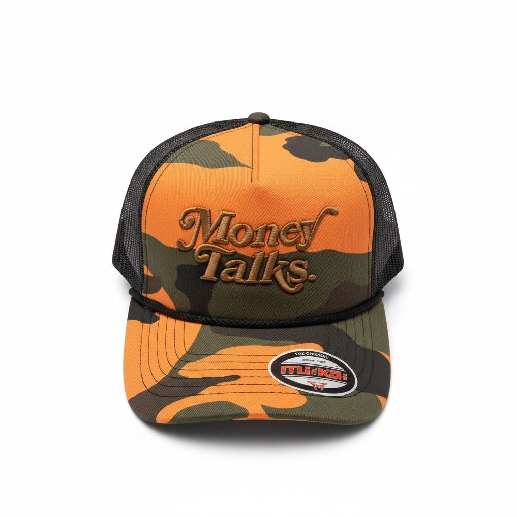 Trucker Hat Money Talks in Orange Camo
