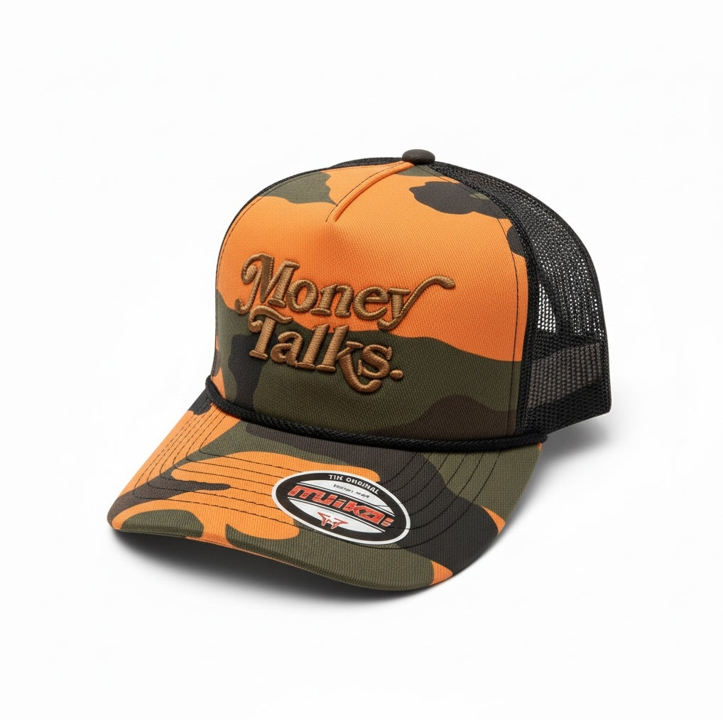 Trucker Hat Money Talks in Orange Camo