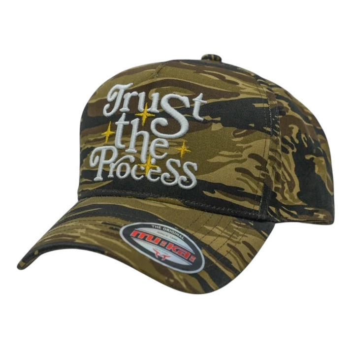 Snapback Hat Trust the Process in Khaki Tiger Camo
