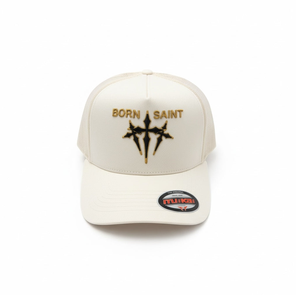 Trucker Hat Born Saint in Ivory