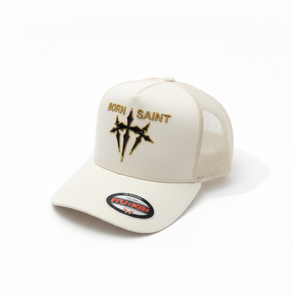 Trucker Hat Born Saint in Ivory