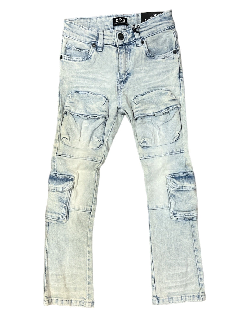Kids Cargo Slim Stretch Denim in Bleach Wash