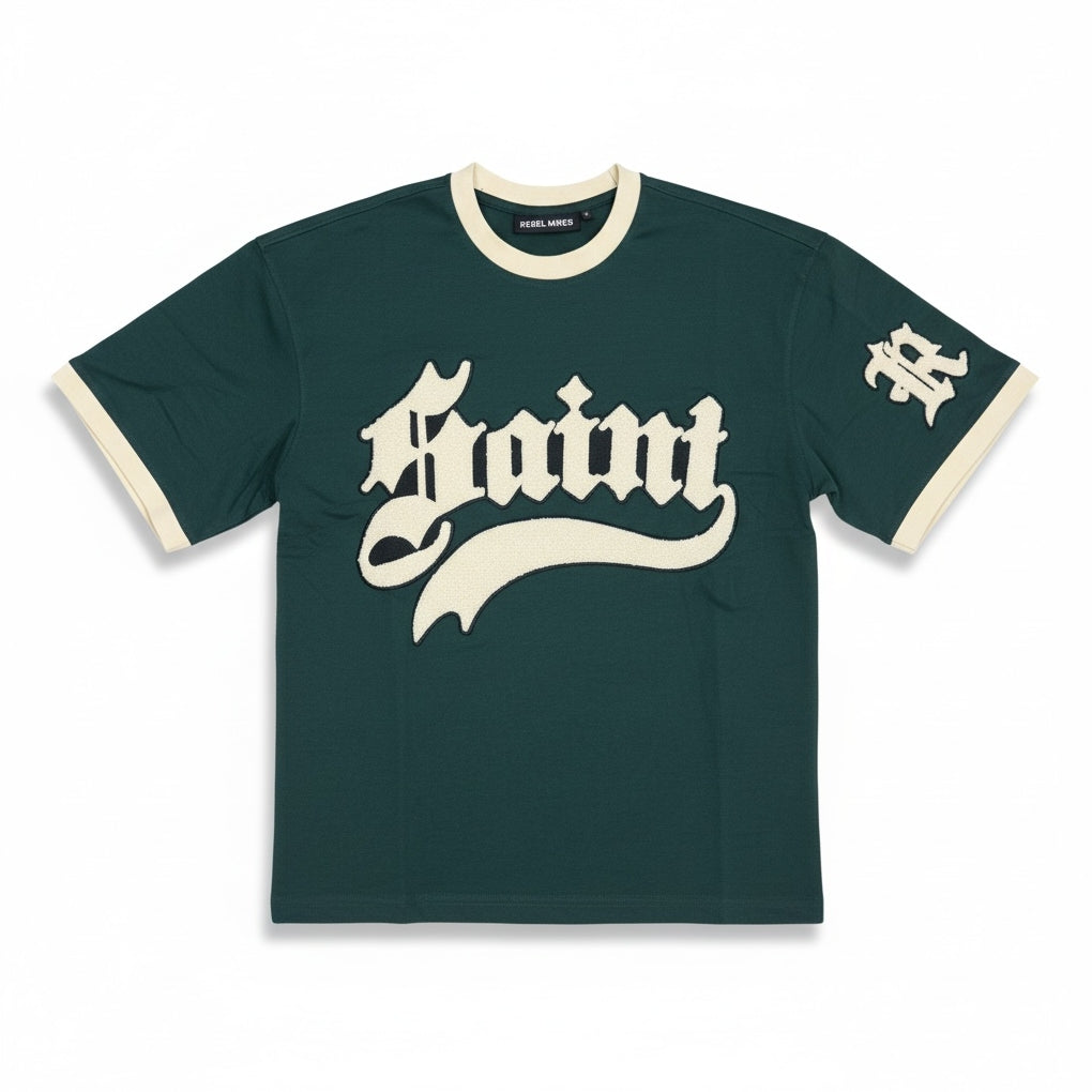 Green t-shirt with white lettering on a white background