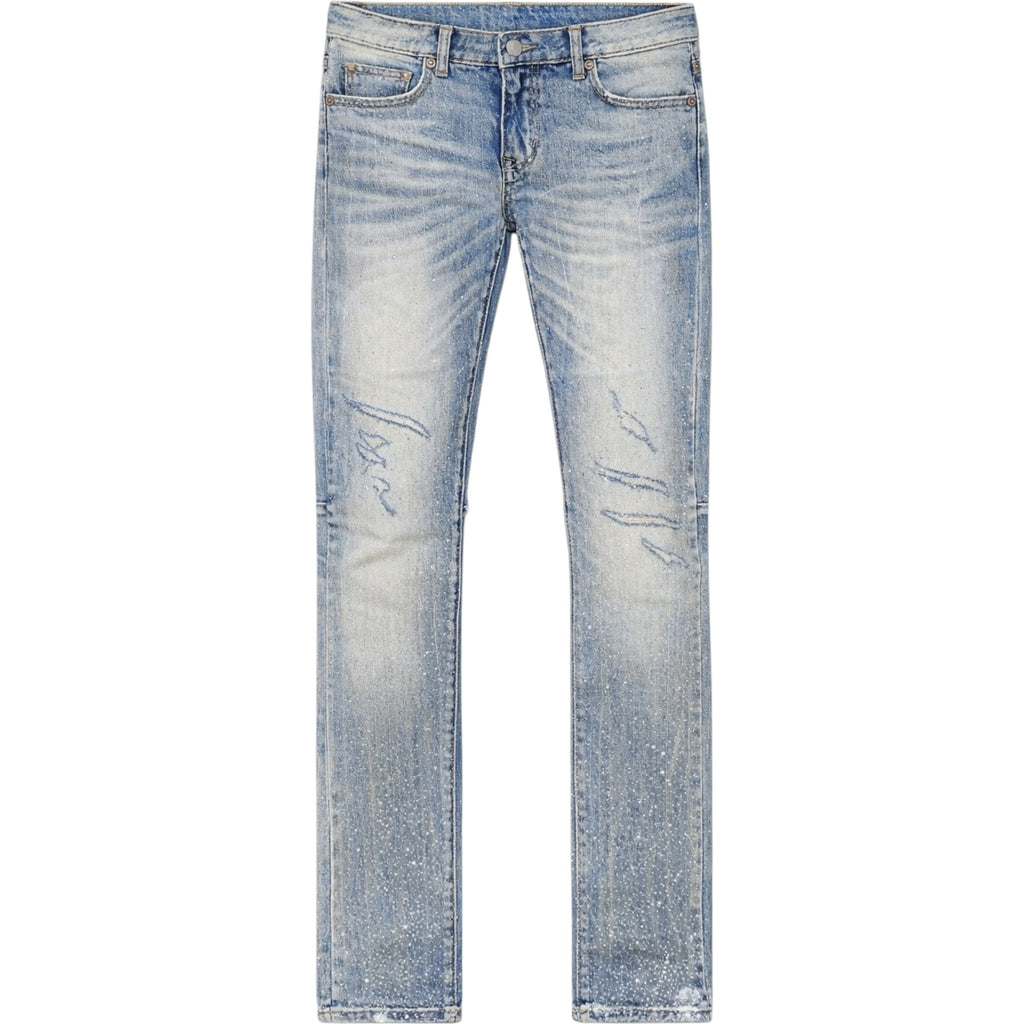 Light blue denim jeans with slight distressing on a white background