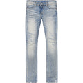 Light blue denim jeans with slight distressing on a white background