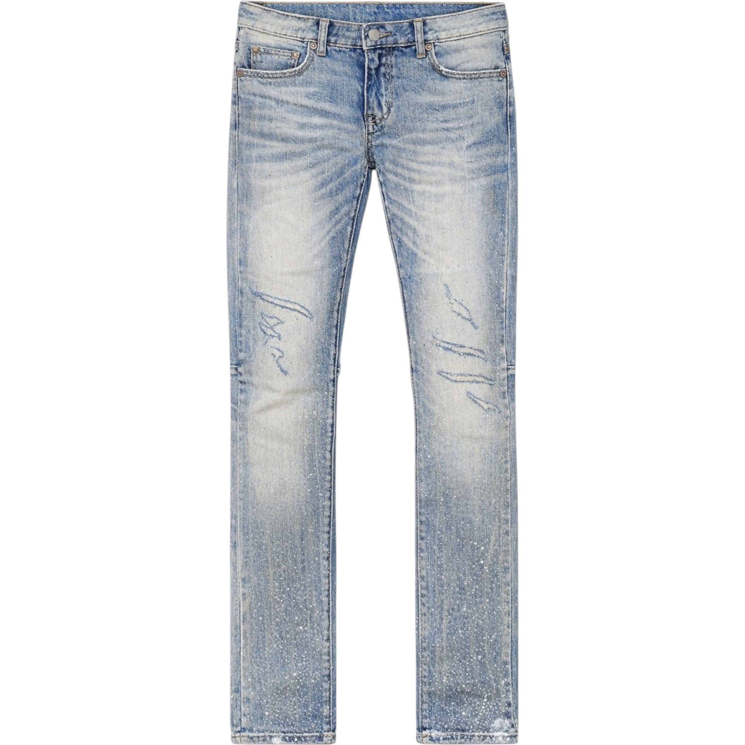 Light blue denim jeans with slight distressing on a white background