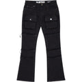 Black distressed jeans on a white background stacked jeans