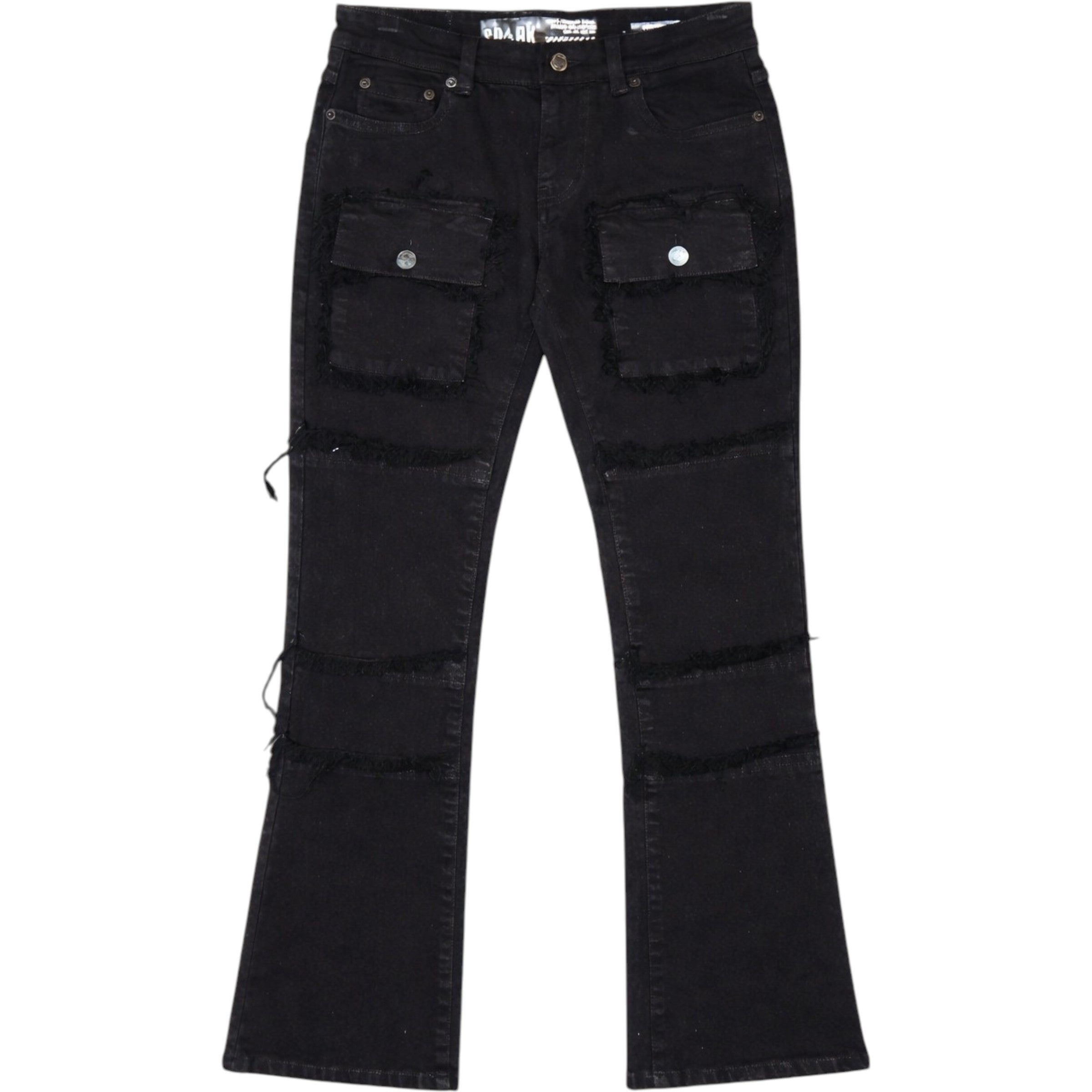 Black distressed jeans on a white background stacked jeans