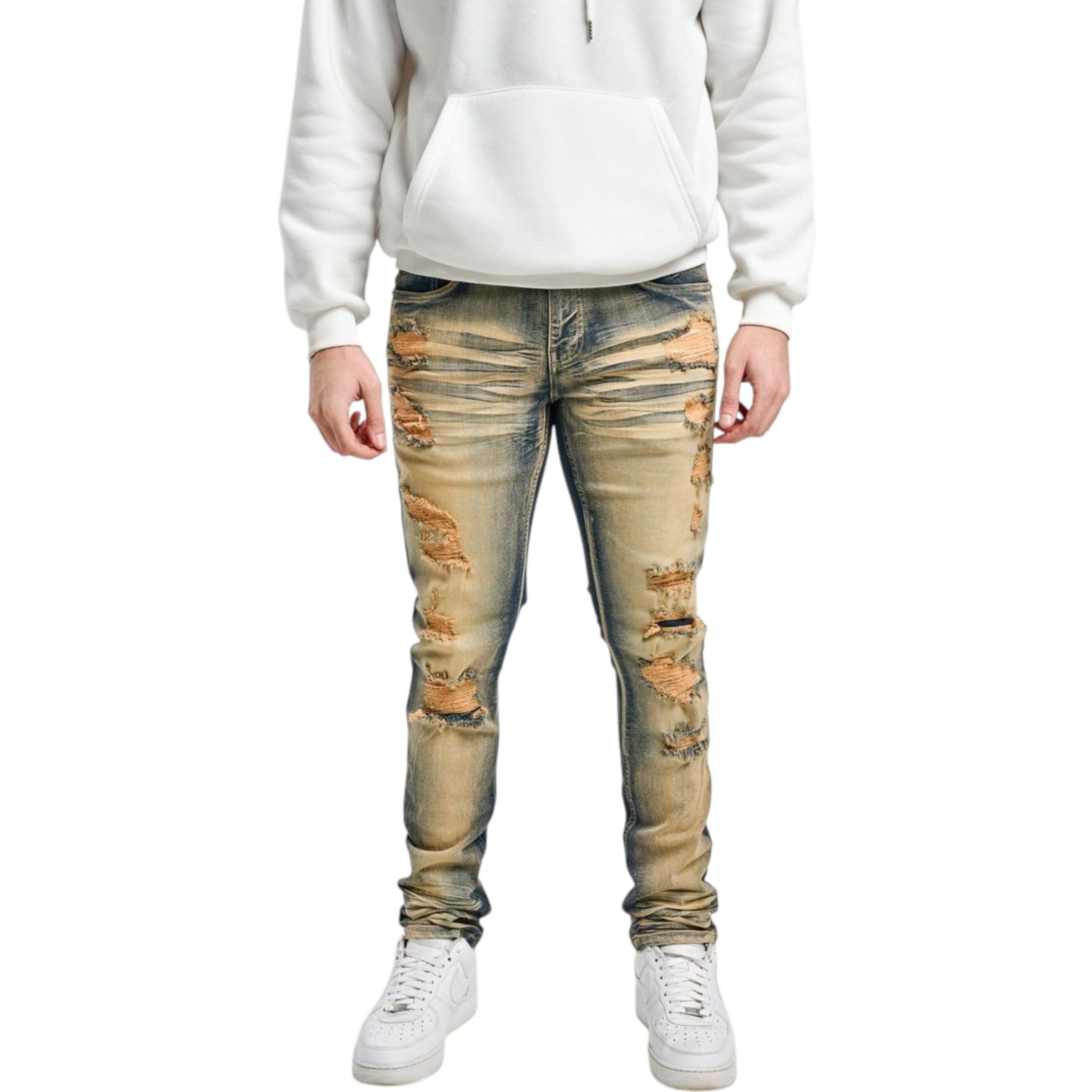 Person wearing distressed light blue jeans and a white hoodie on a white background