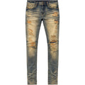 Distressed blue jeans on a white background