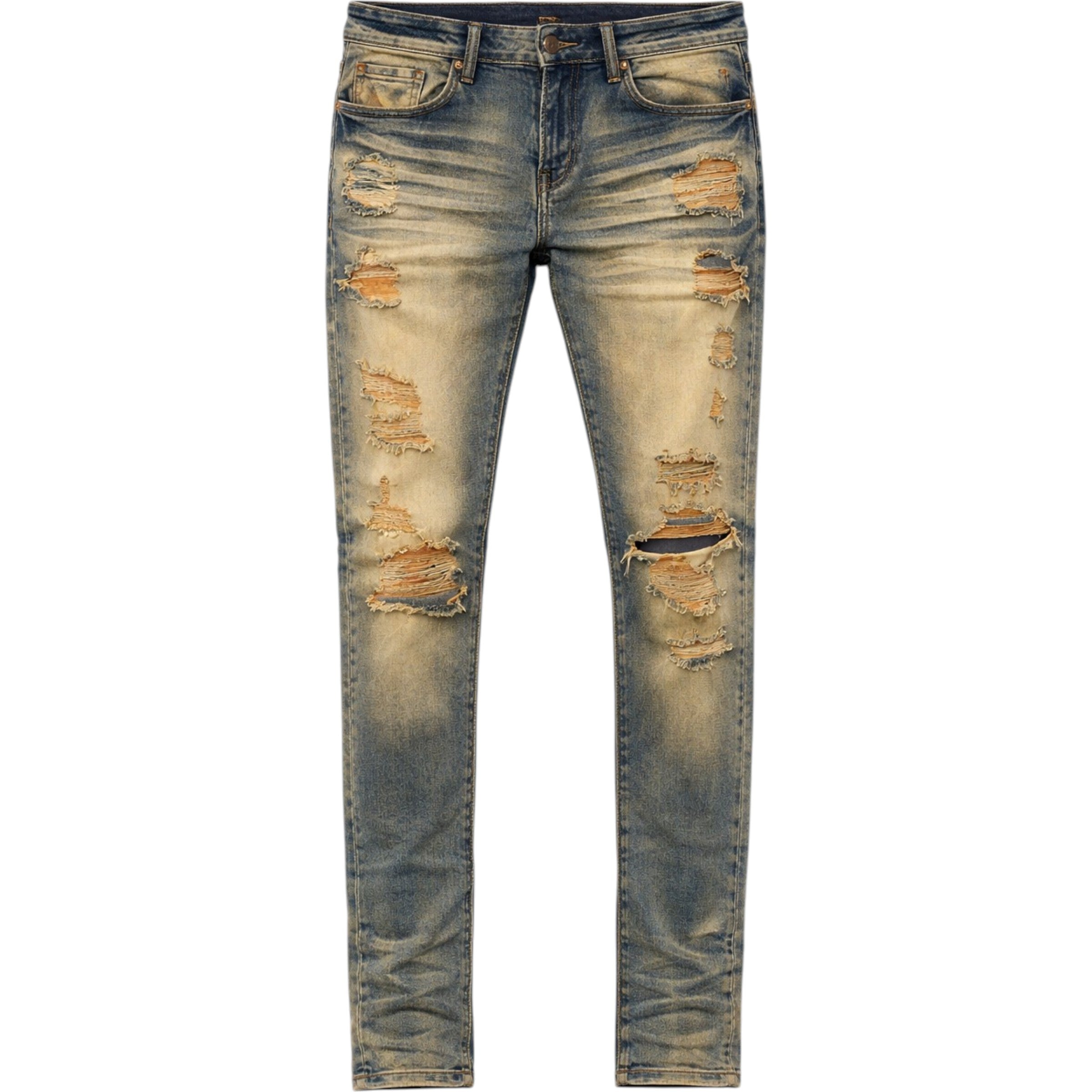 Distressed blue jeans on a white background