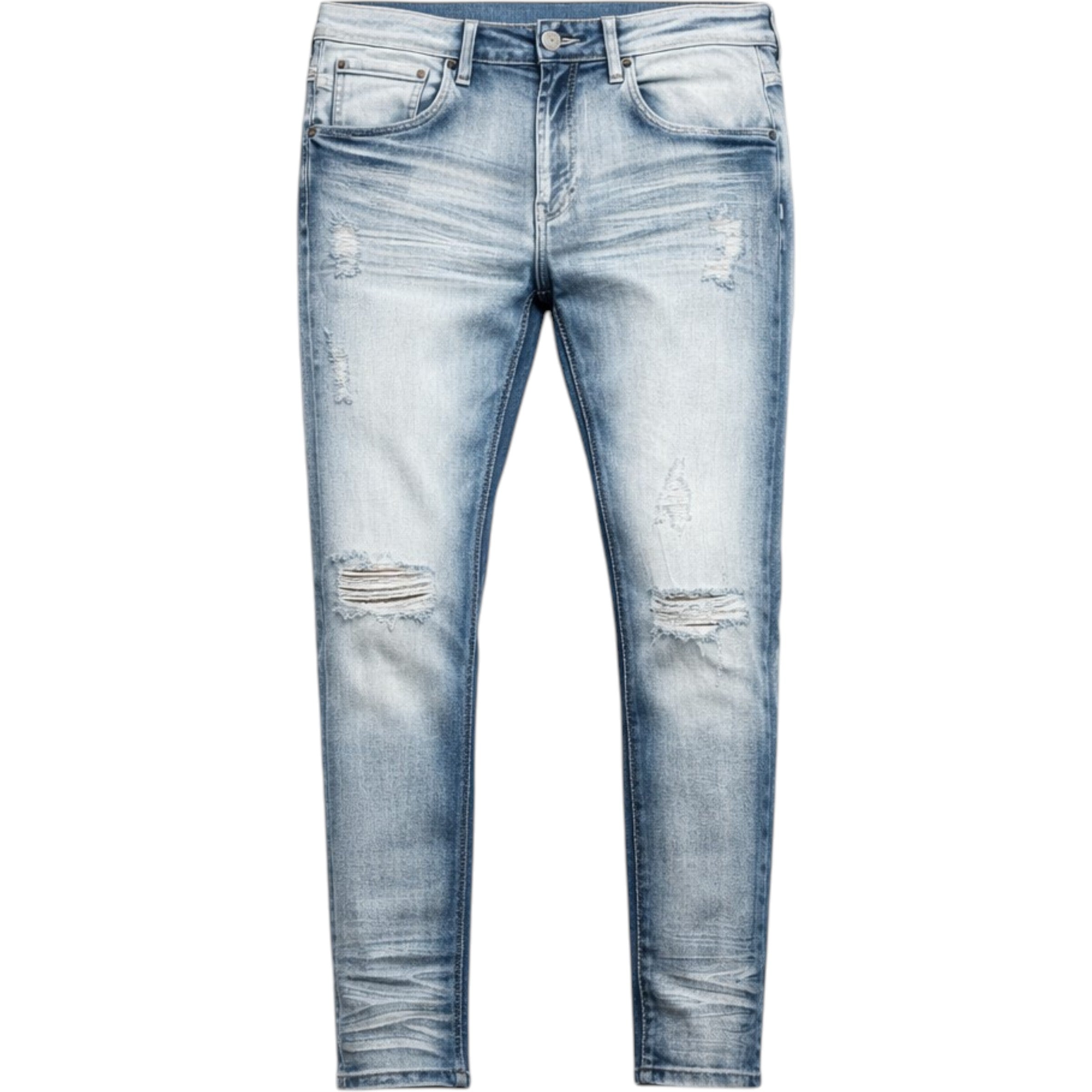 Blue distressed jeans on a white background