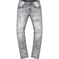Ripped gray jeans with 'Spark' branding on a white background