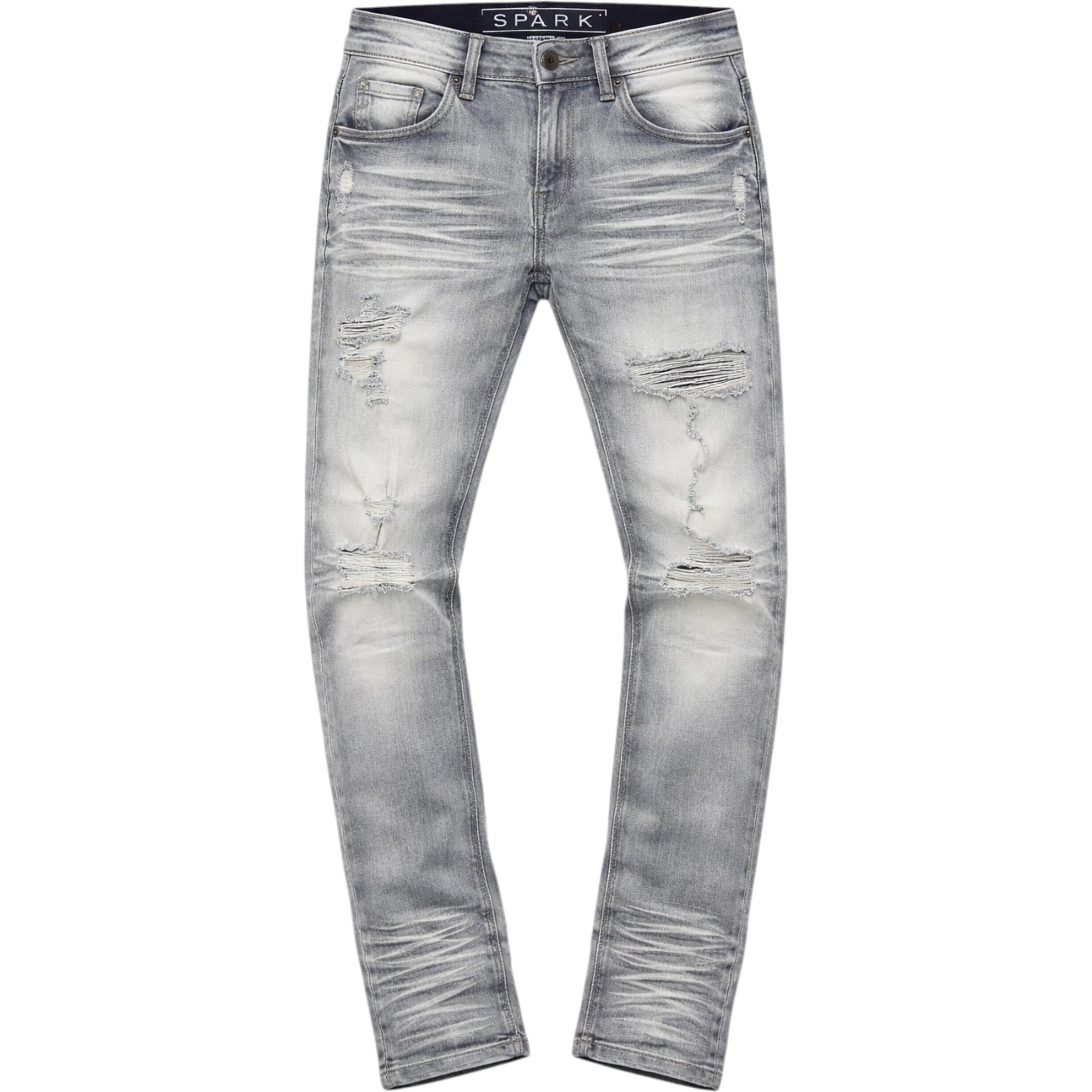 Ripped gray jeans with 'Spark' branding on a white background