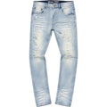 Light blue distressed jeans on a white background spark s4404 stacked jeans cropped tees graphic tees 