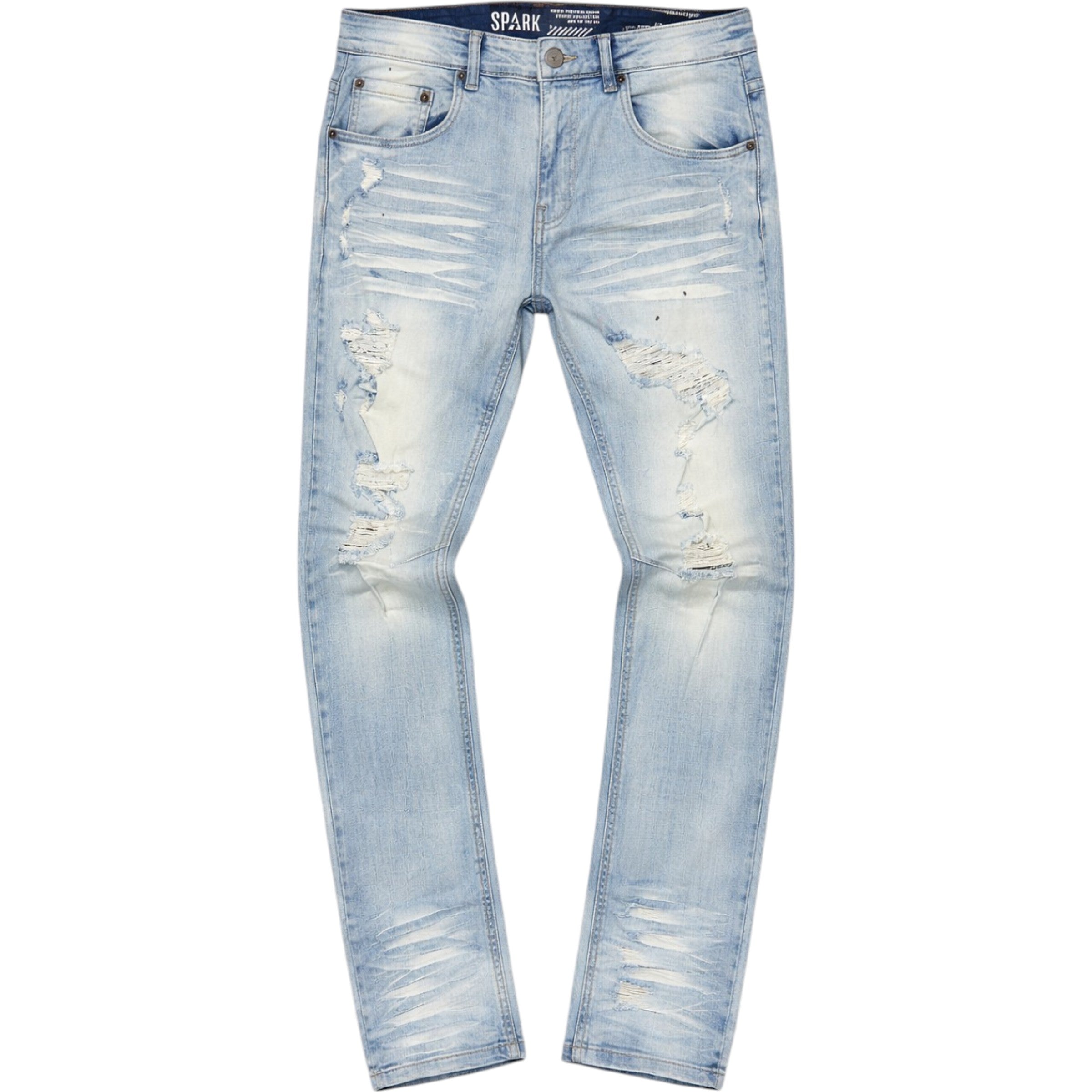 Light blue distressed jeans on a white background spark s4404 stacked jeans cropped tees graphic tees 