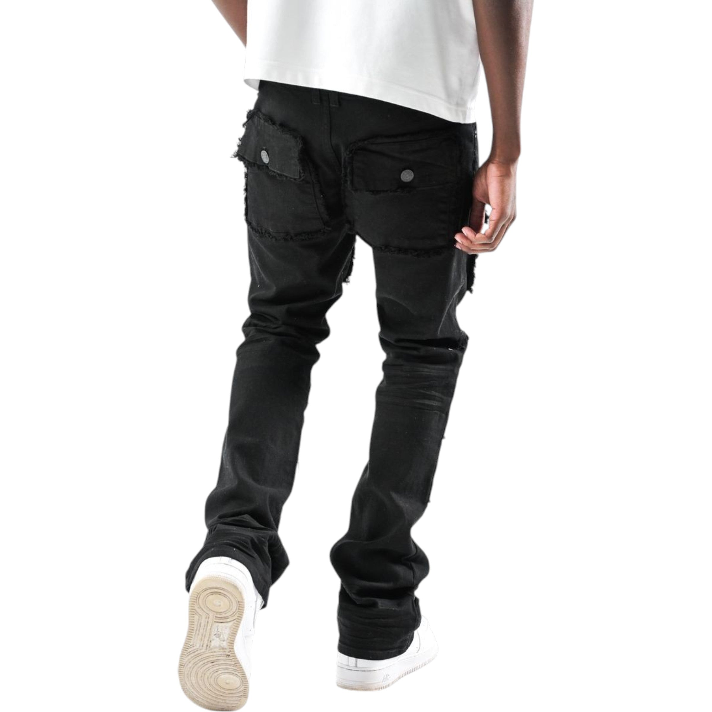 Person wearing black cargo pants on a white background Spark 'Twill' Stacked Flare Denim With Multi Pockets (Black) S3020