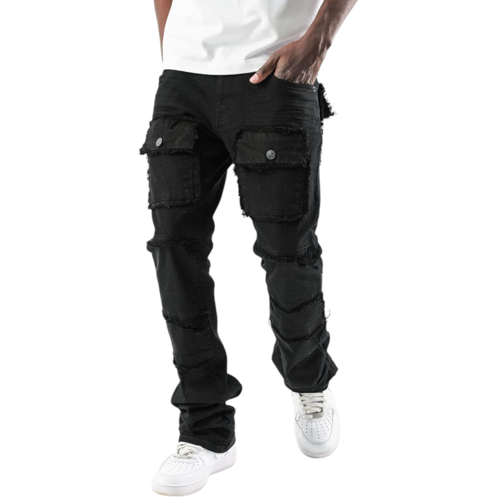 Black cargo pants with multiple pockets worn by a person on a white background