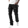 Black cargo pants with multiple pockets worn by a person on a white background
