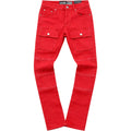 Red stacked jeans on a white background cropped flared