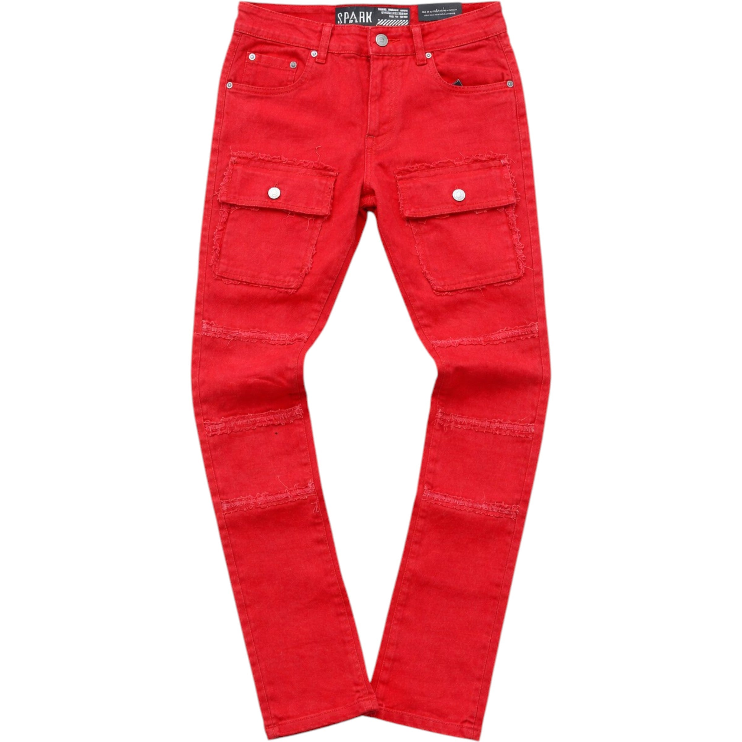 Red stacked jeans on a white background cropped flared