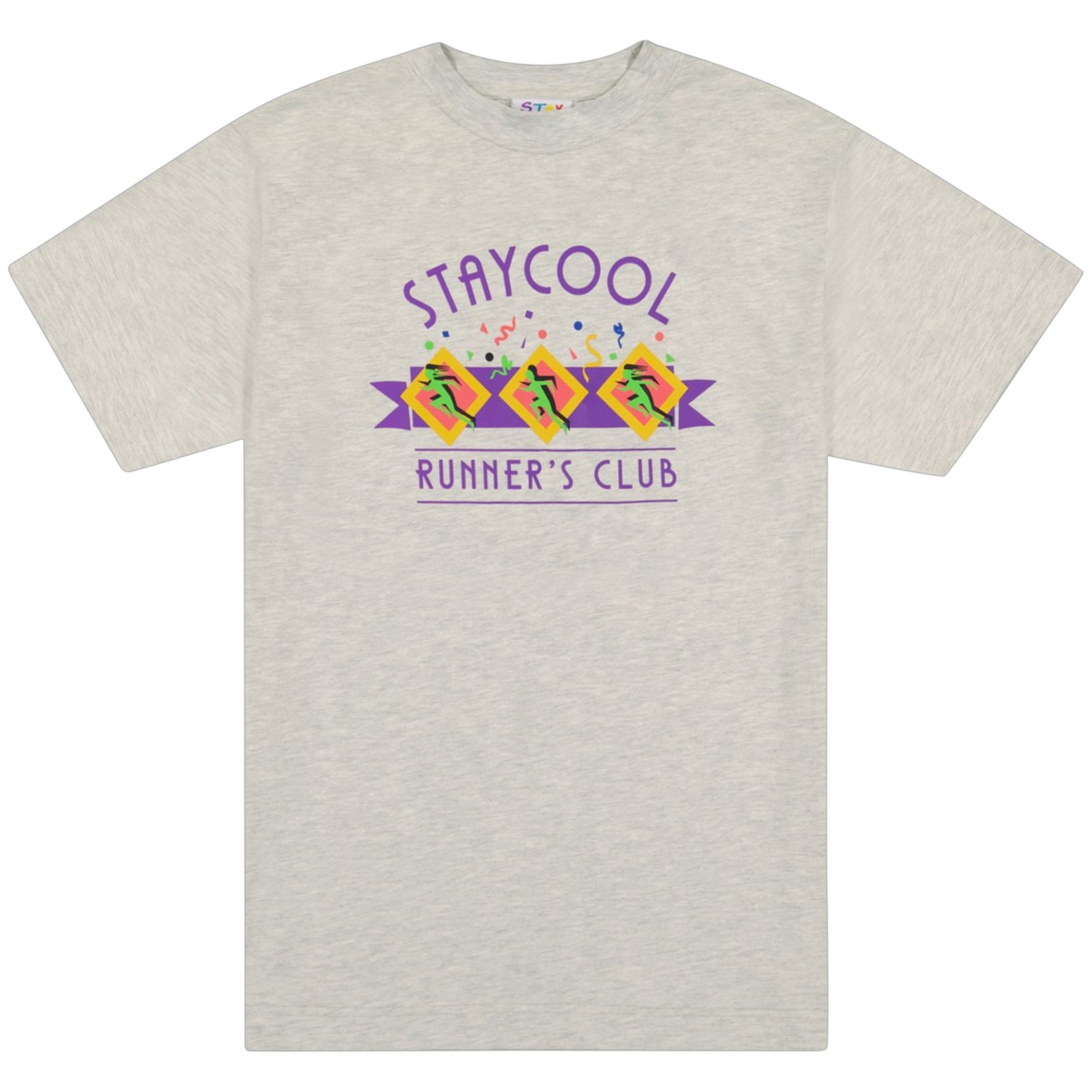 Gray t-shirt with 'Stay Cool Runner's Club' text and graphics on a white background