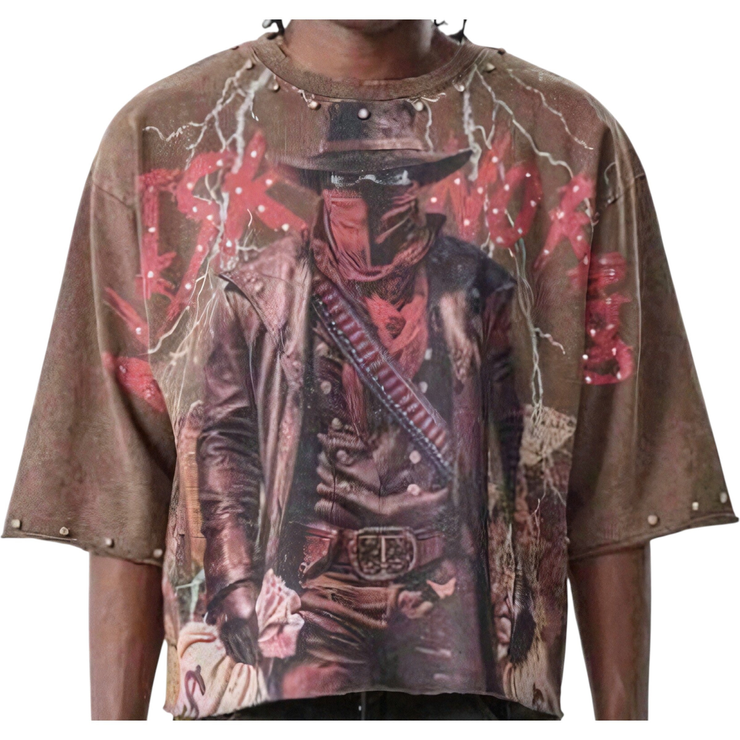 T-shirt with a graphic design of a masked figure holding a gun on a brown background