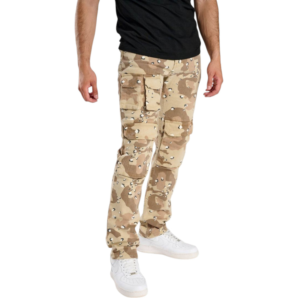 Camouflage cargo pants worn by a person on a white background