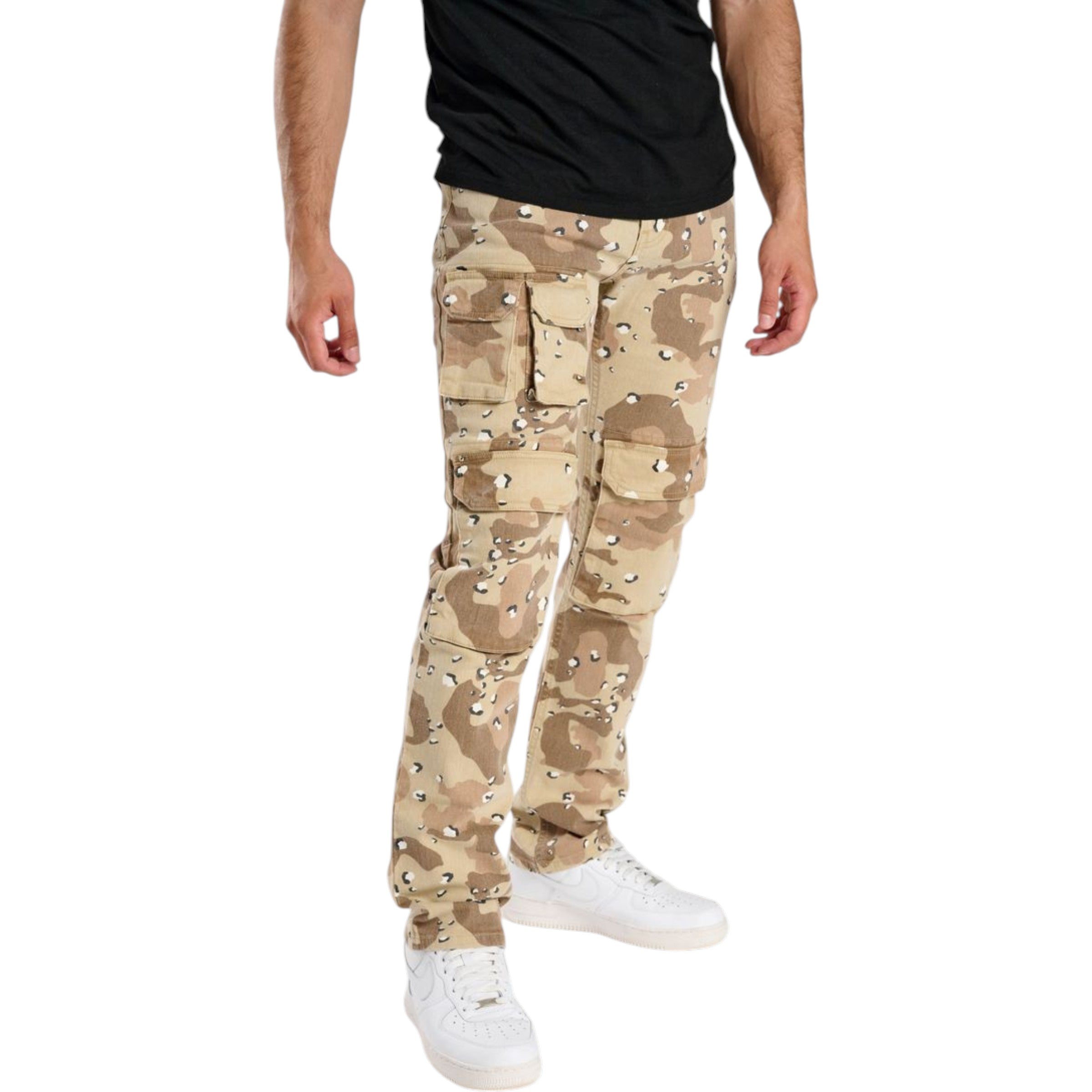 Camouflage cargo pants worn by a person on a white background