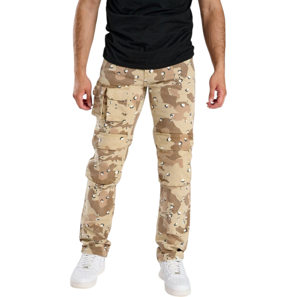 Camouflage pants worn by a person on a white background