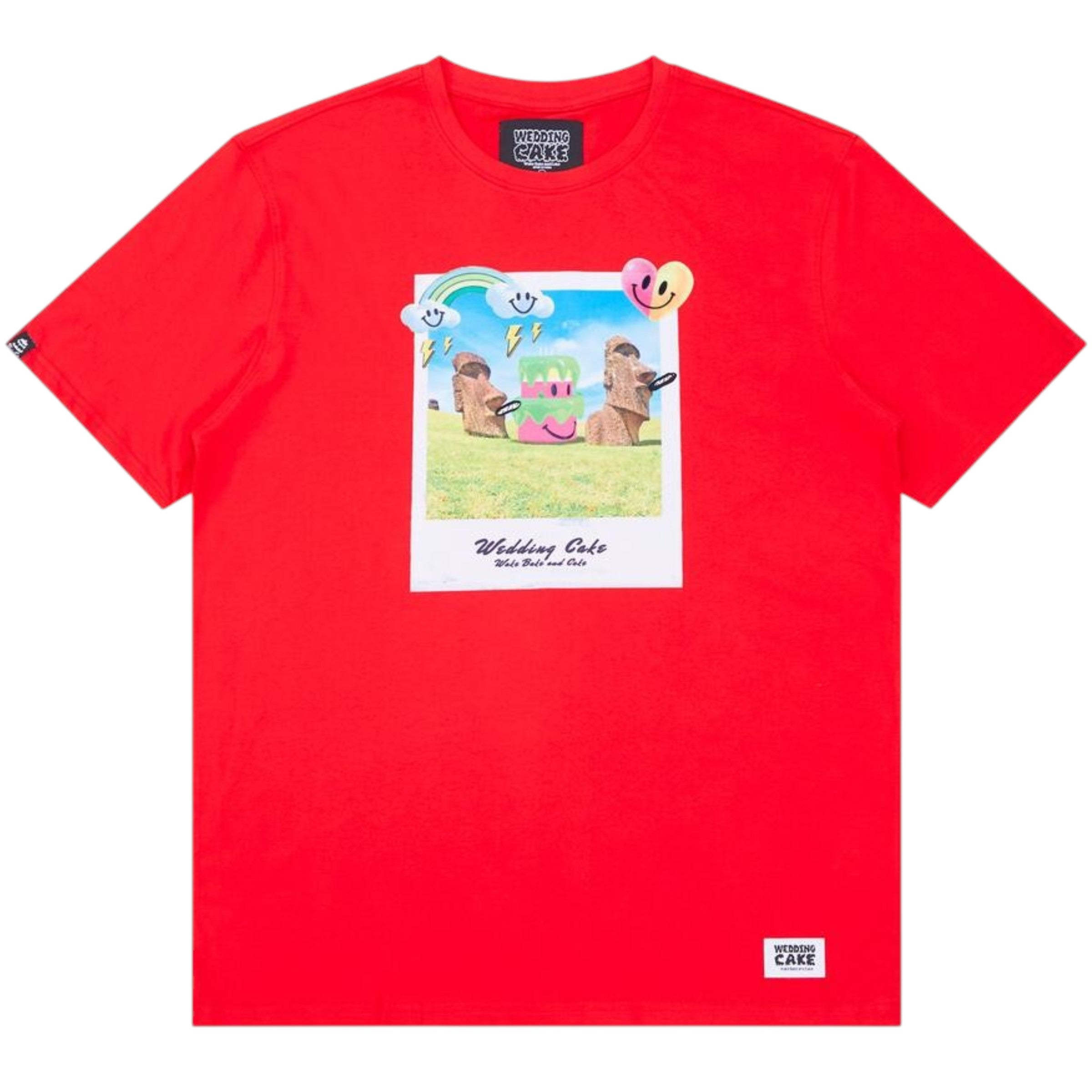 Red t-shirt with a graphic design of two people at a beach and text on a white background