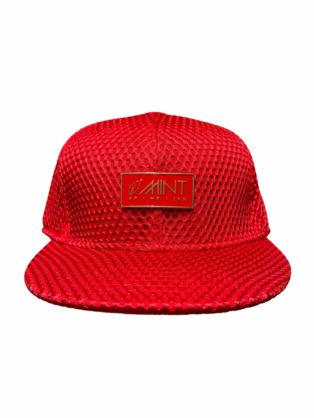 Red mesh cap with a logo on a white background
