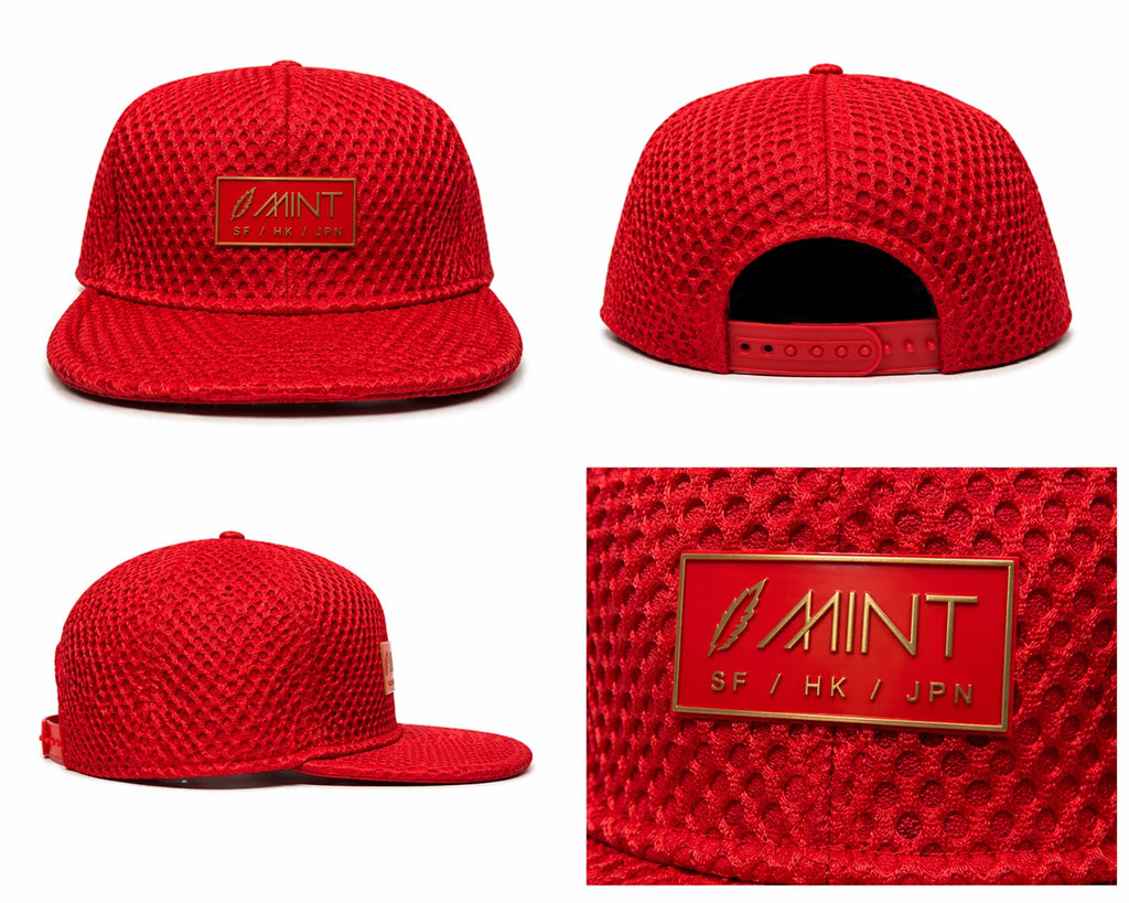 Red textured cap with 'MINT' logo on a white background