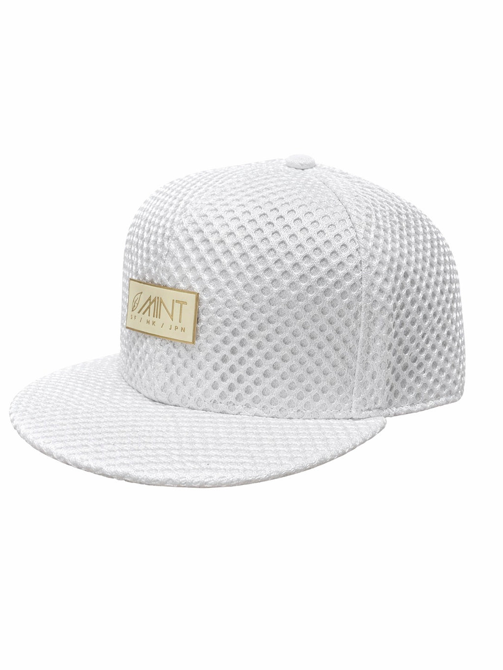 White mesh cap with a gold logo on a white background
