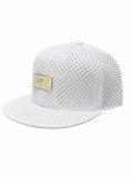 White mesh cap with a gold logo on a white background